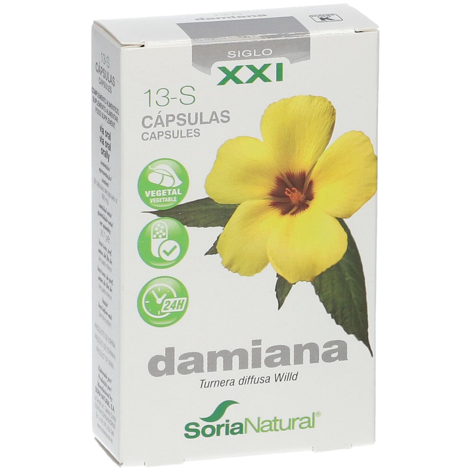 Boîte de gélules de Damiana. Inscriptions : 13-S, XXI, Damiana, Soria Natural. Illustration d'une fleur jaune.