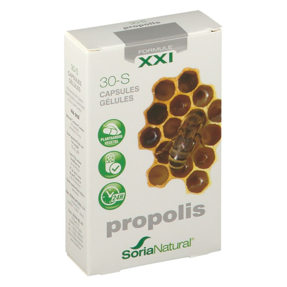 Boîte de "propolis" Soria Natural. Abeille sur rayon de miel. Inscription: 30-S Capsules Gélules. Logos: végétal, qualité, 24H.