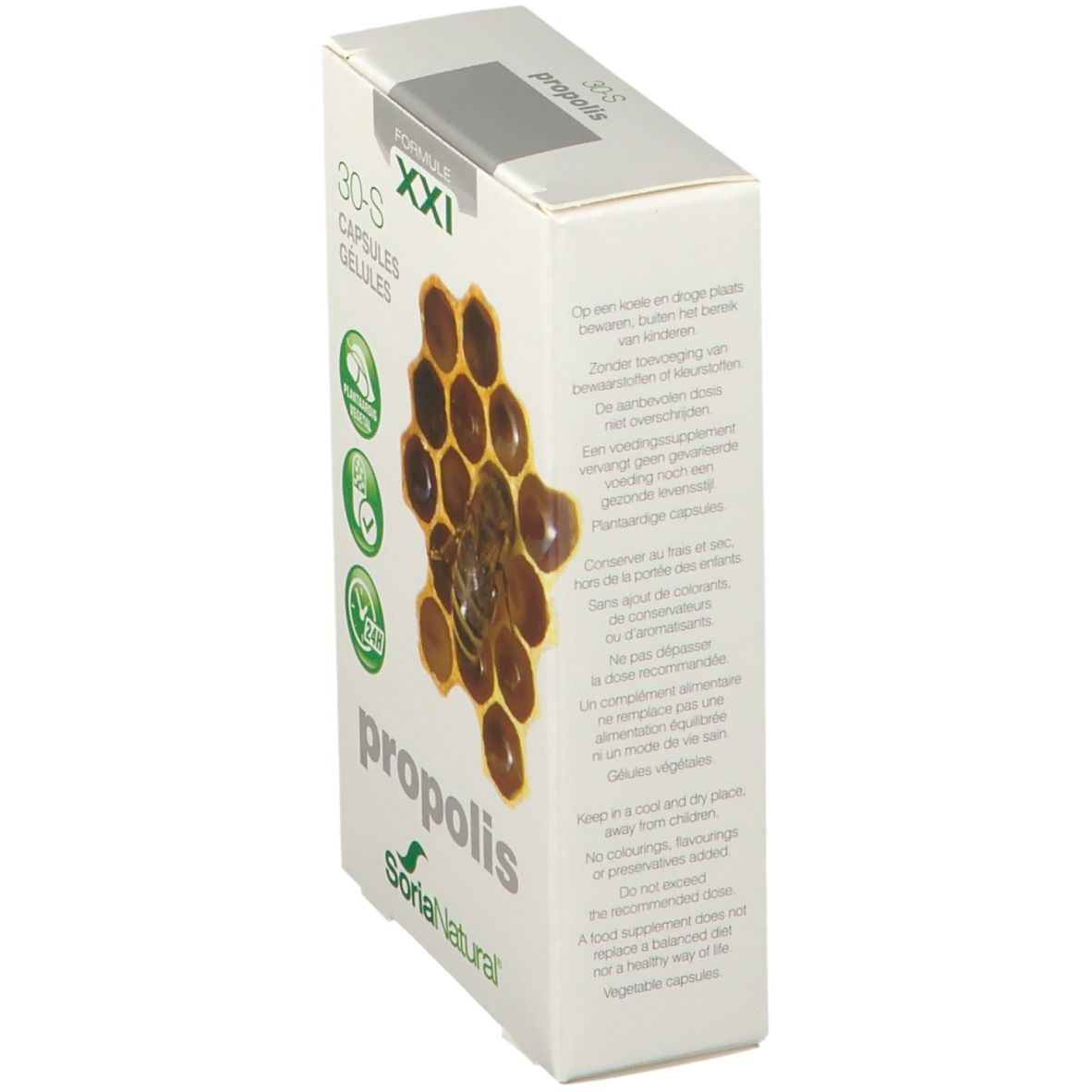 Boîte de "propolis" Soria Natural. Texte sur le côté. Logos: végétal, qualité, 24H. Contient 30 gélules.