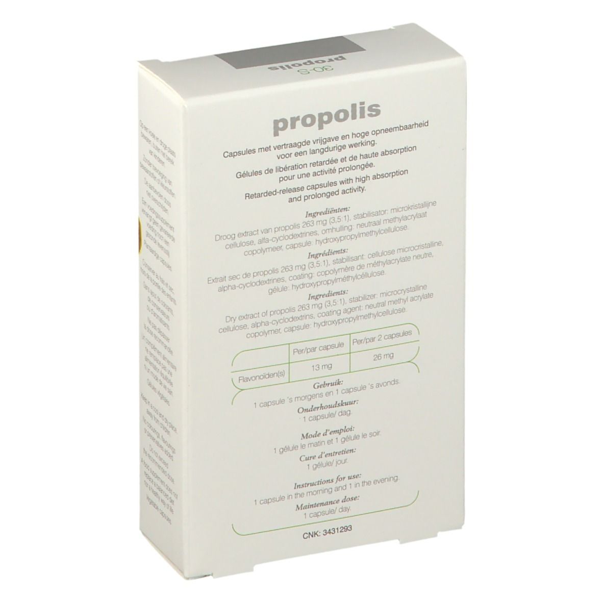 Boîte de "propolis". Texte avec ingrédients et instructions d'utilisation. Contient 30 gélules.