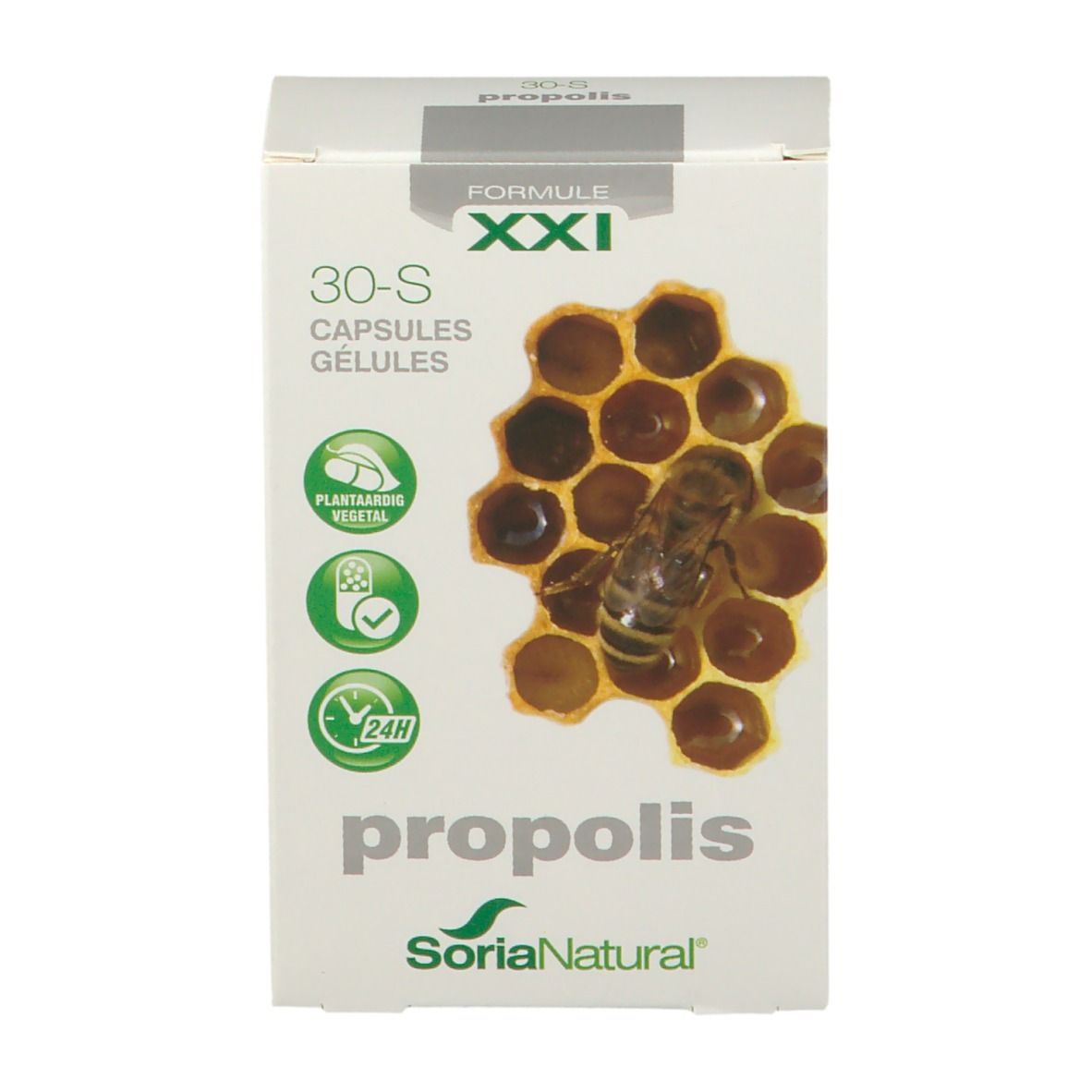 Boîte de "propolis" Soria Natural. Abeille sur rayon de miel. Inscription: 30-S Capsules Gélules. Logos: végétal, qualité, 24H.