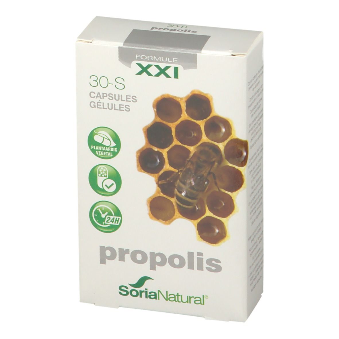 Boîte de "propolis" Soria Natural. Abeille sur rayon de miel. Inscription: 30-S Capsules Gélules. Logos: végétal, qualité, 24H.