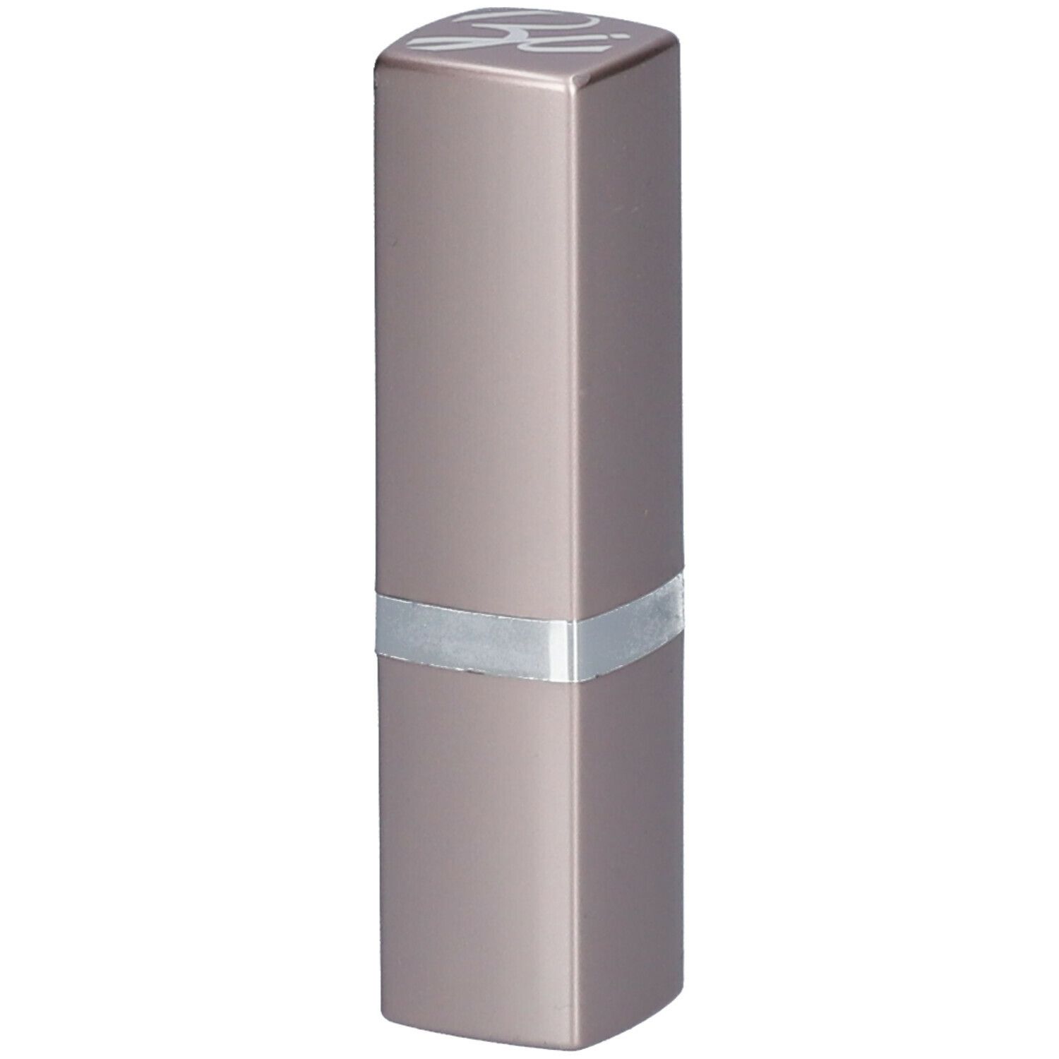 Langwerpige, rechthoekige lipstick. Zilveren ring in het midden. Logo op de bovenkant.