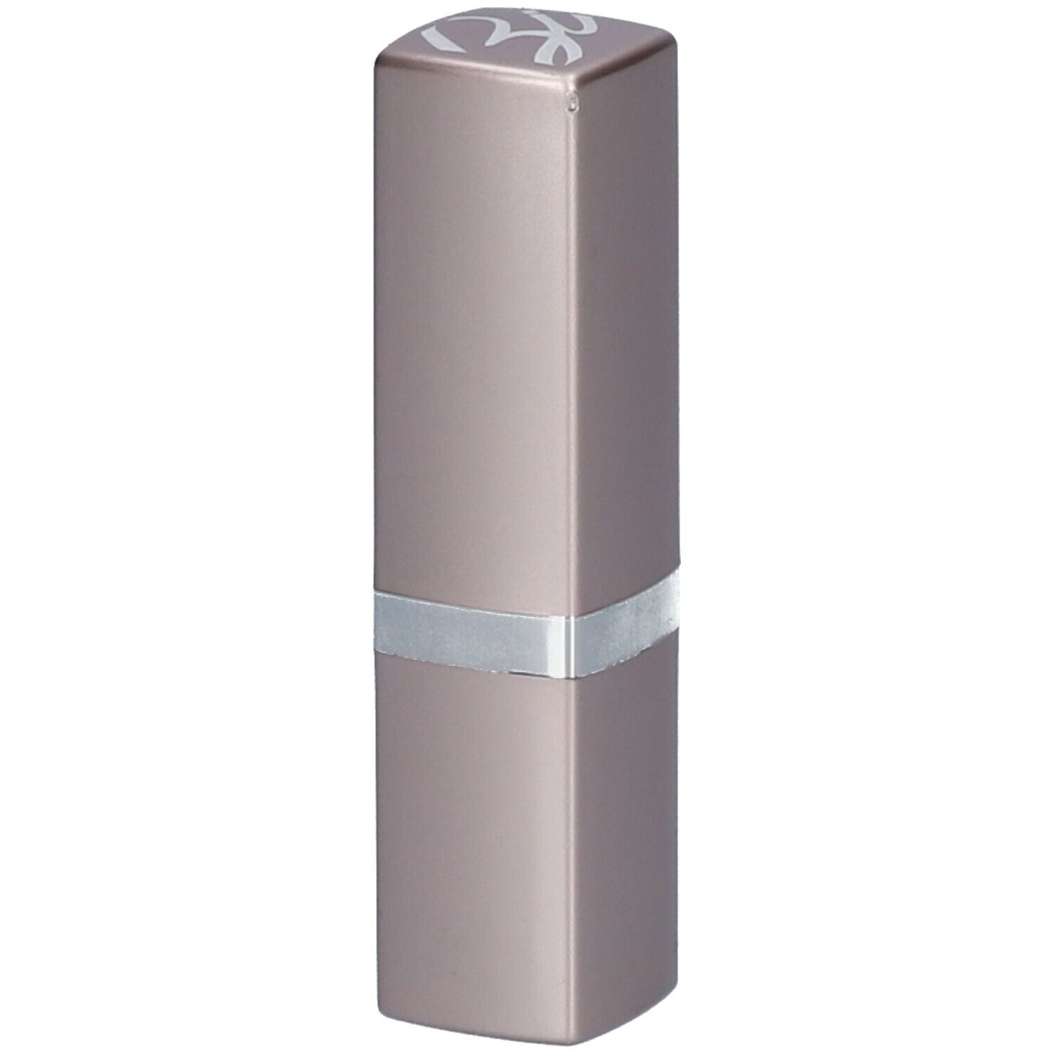 Langwerpige, rechthoekige lipstick. Zilveren ring in het midden. Logo op de bovenkant.