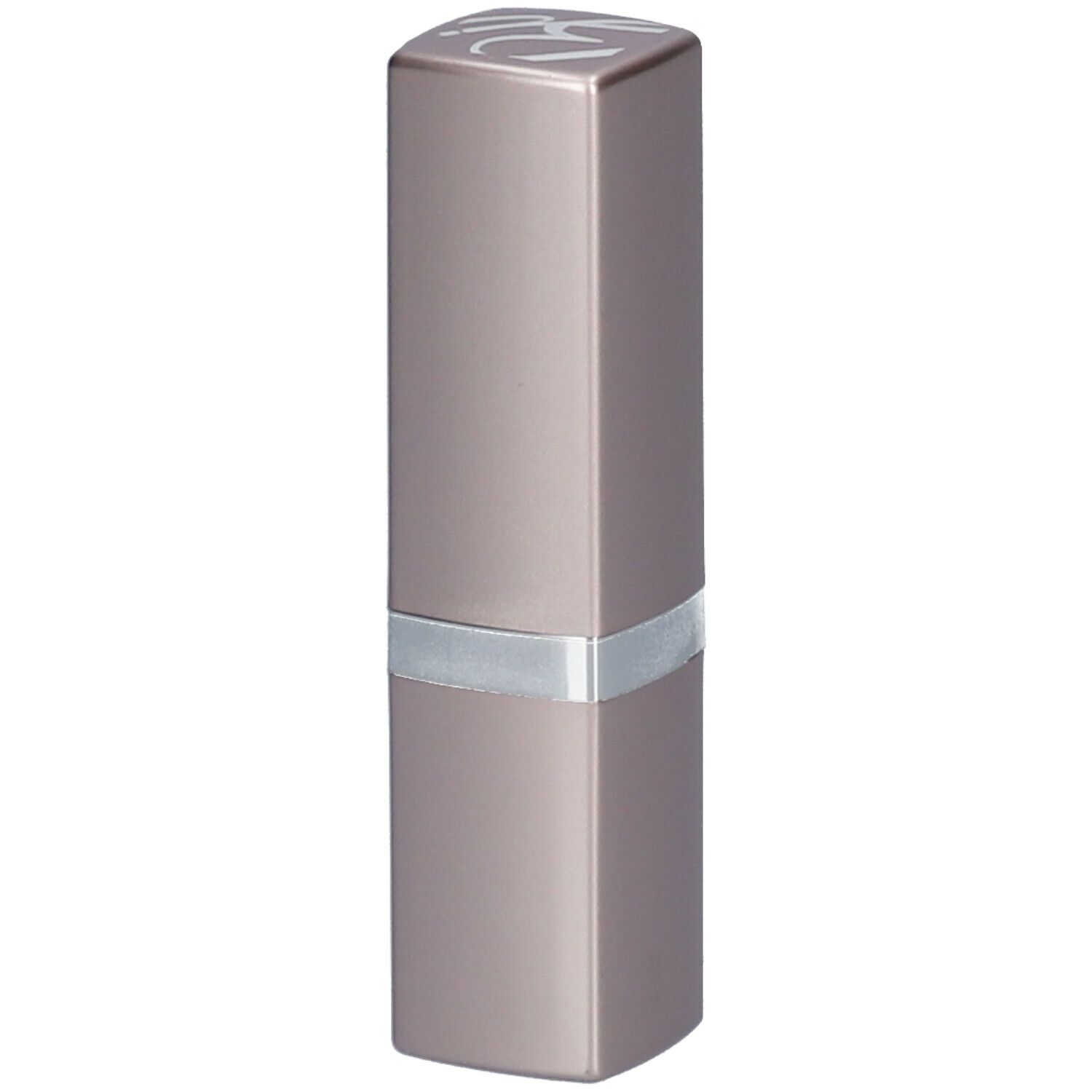 Langwerpige, rechthoekige lipstick. Zilveren ring in het midden. Logo op de bovenkant.