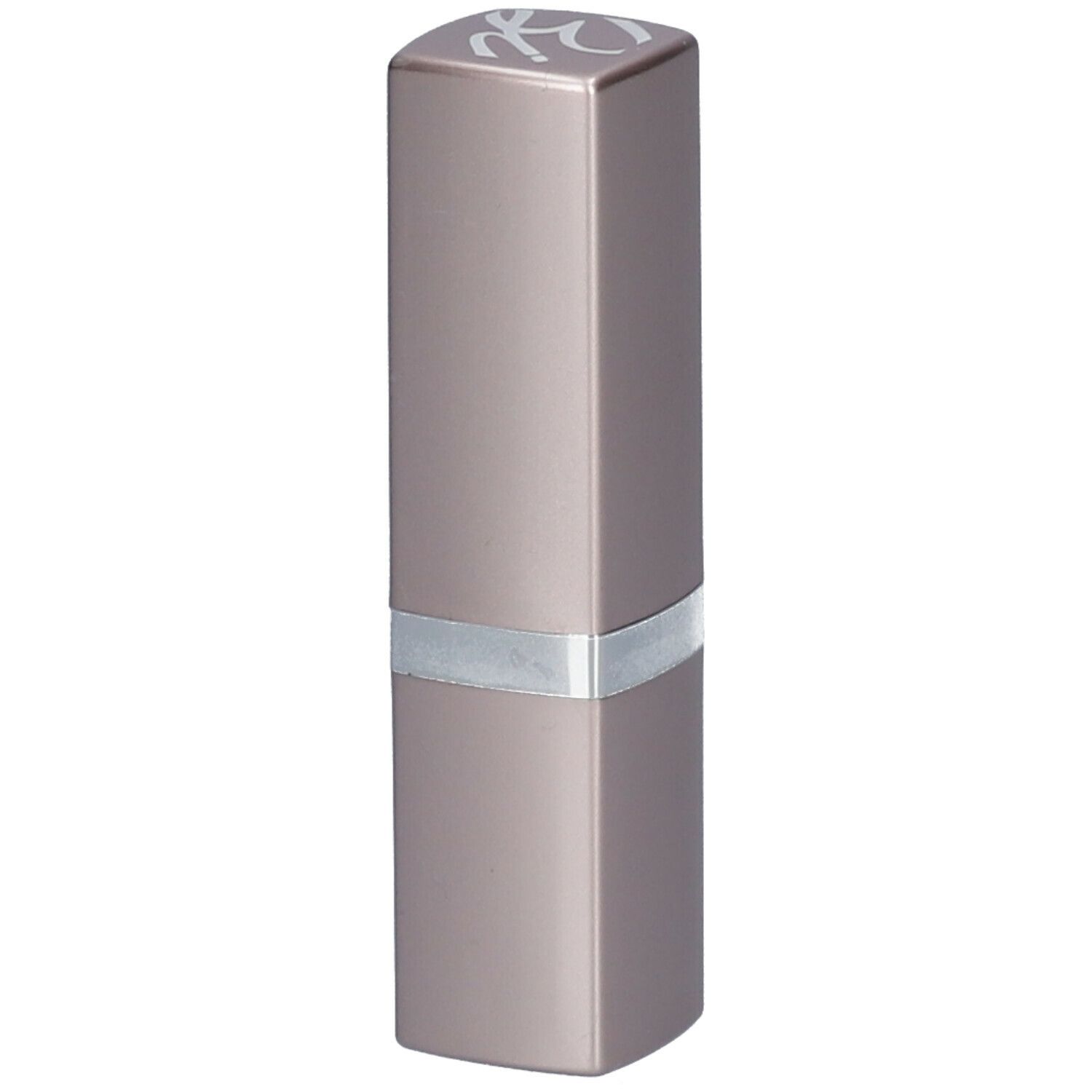 Langwerpige, rechthoekige lipstick. Zilveren ring in het midden. Logo op de bovenkant.
