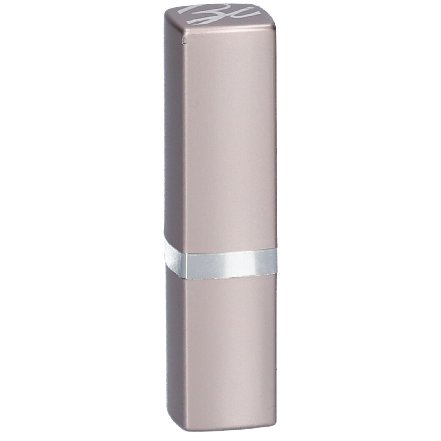 Langwerpige, rechthoekige lipstick. Zilveren ring in het midden. Logo op de bovenkant.