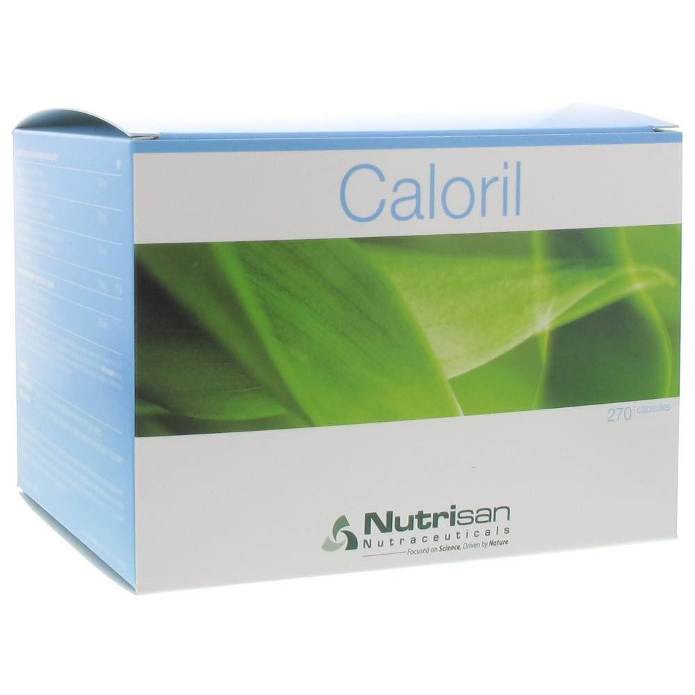 Kartonverpackung mit dem Produktnamen Caloril und dem Logo von Nutrisan. Aufdruck mit grünen Blättern.