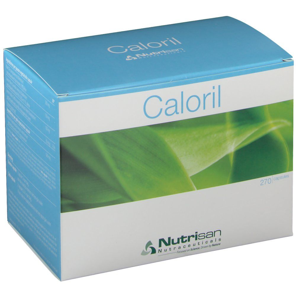 Kartonverpackung mit dem Produktnamen Caloril und dem Logo von Nutrisan. Aufdruck mit grünen Blättern.