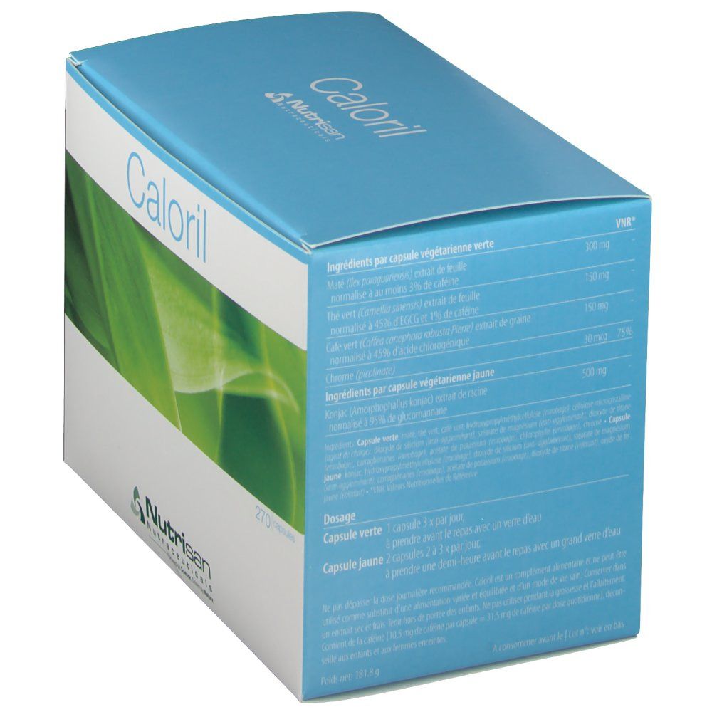 Kartonverpackung mit dem Produktnamen Caloril und dem Logo von Nutrisan. Aufdruck mit grünen Blättern und Text.