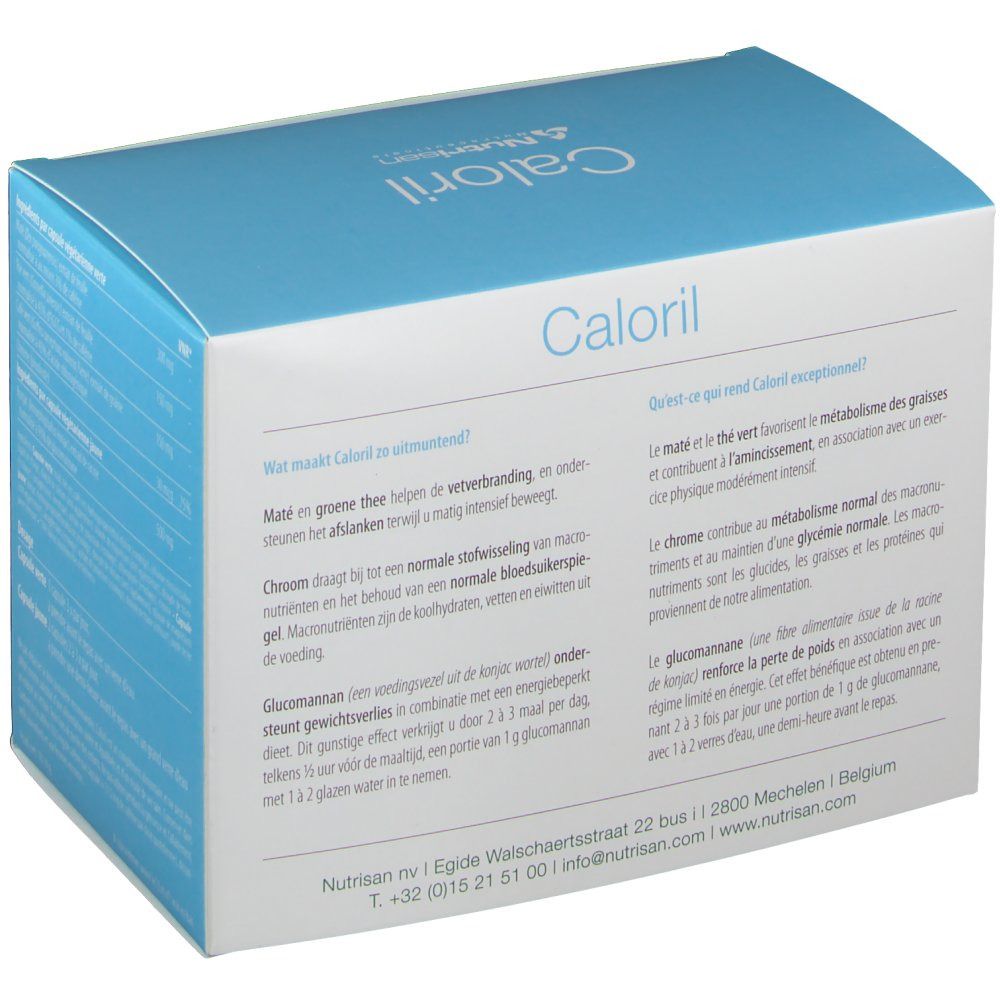 Kartonverpackung mit dem Produktnamen Caloril und dem Logo von Nutrisan. Aufdruck mit grünen Blättern und Text.