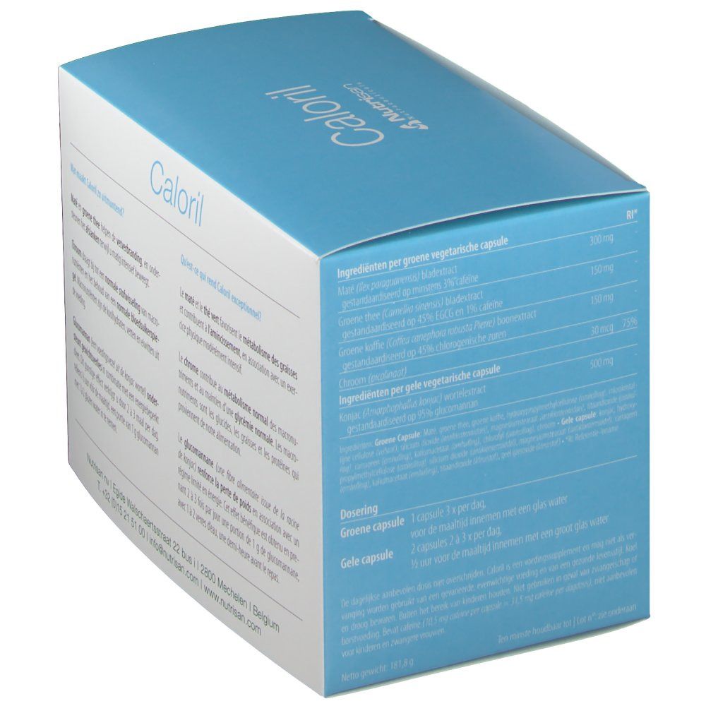 Kartonverpackung mit dem Produktnamen Caloril und dem Logo von Nutrisan. Aufdruck mit grünen Blättern und Text.