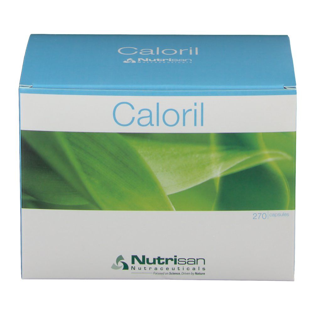 Kartonverpackung mit dem Produktnamen Caloril und dem Logo von Nutrisan. Aufdruck mit grünen Blättern.