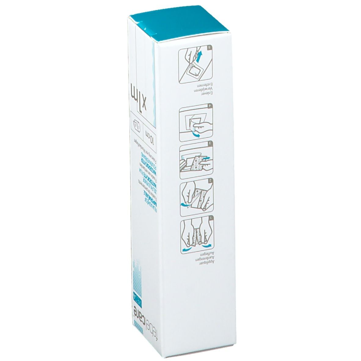 Emballage avec illustrations de l'utilisation du bandage. Bleu en haut. Marque : febelcare.