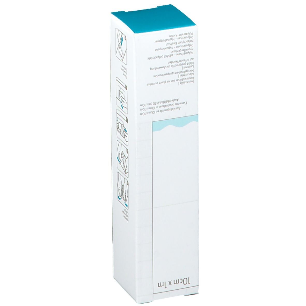 Emballage avec illustrations de l'utilisation du bandage. Bleu en haut. Inscription : 10cm x 1m.