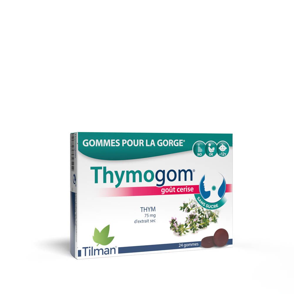 Boîte de gommes Thymogom®. Inscription : « Gommetjes voor de keel ». Goût cerise. 24 gommes. Marque Tilman.