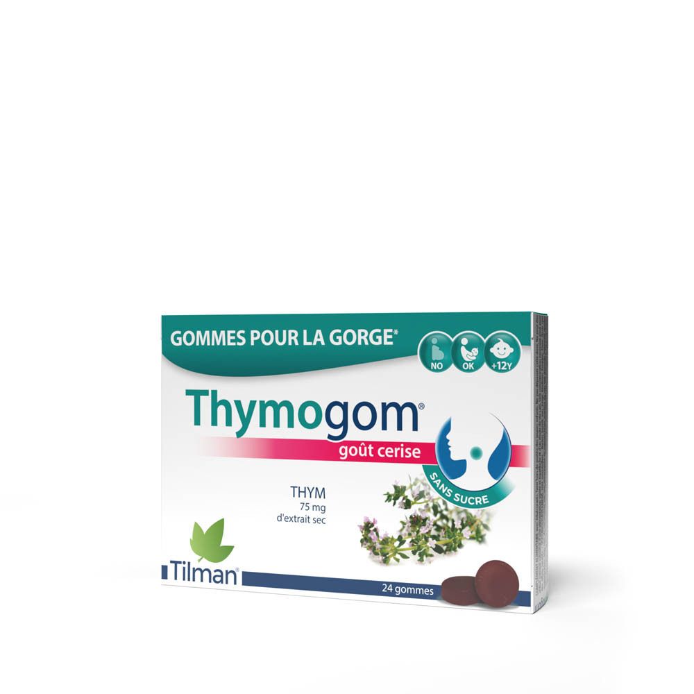 Boîte de gommes Thymogom®. Inscription : « Gommetjes voor de keel ». Goût cerise. 24 gommes. Marque Tilman.