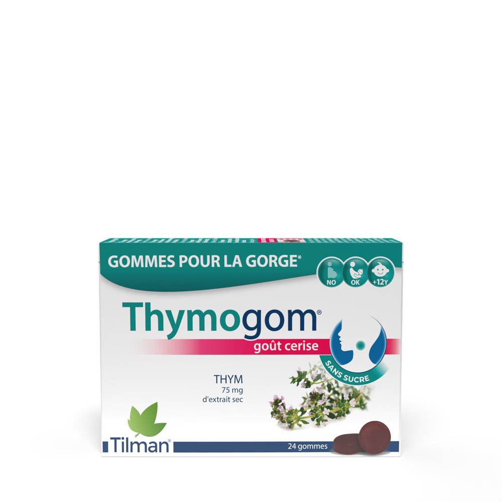 Boîte de gommes Thymogom®. Inscription : « Gommetjes voor de keel ». Goût cerise. 24 gommes. Marque Tilman.