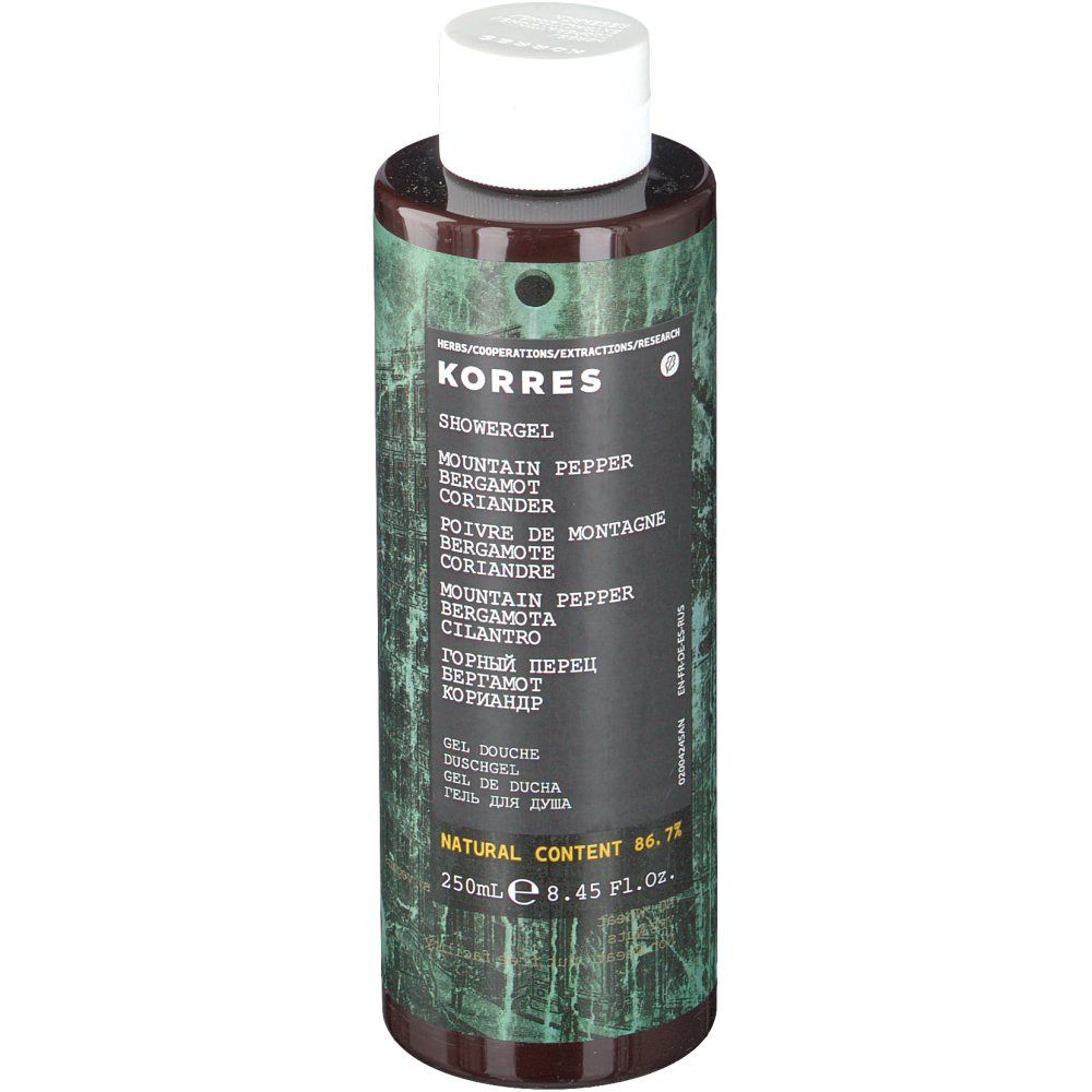 KORRES douchegel, bruine fles met witte dop. Opschrift: Mountain Pepper, Bergamot, Koriander. 250ml.
