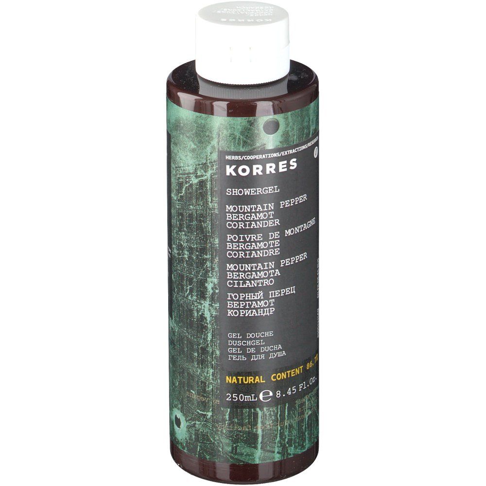 KORRES douchegel, bruine fles met witte dop. Opschrift: Mountain Pepper, Bergamot, Koriander. 250ml.