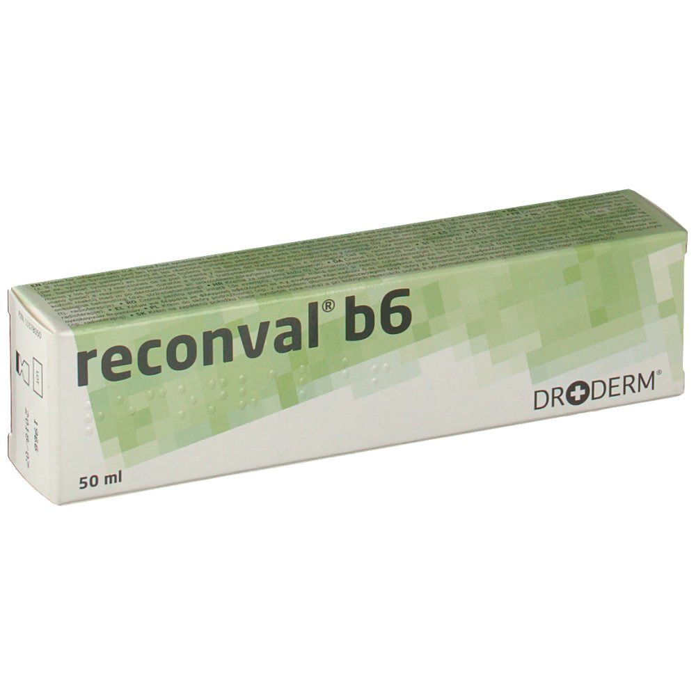 Doos met productnaam reconval® b6 en logo. Groen-witte verpakking met 50 ml indicatie en Dr.Derm logo.