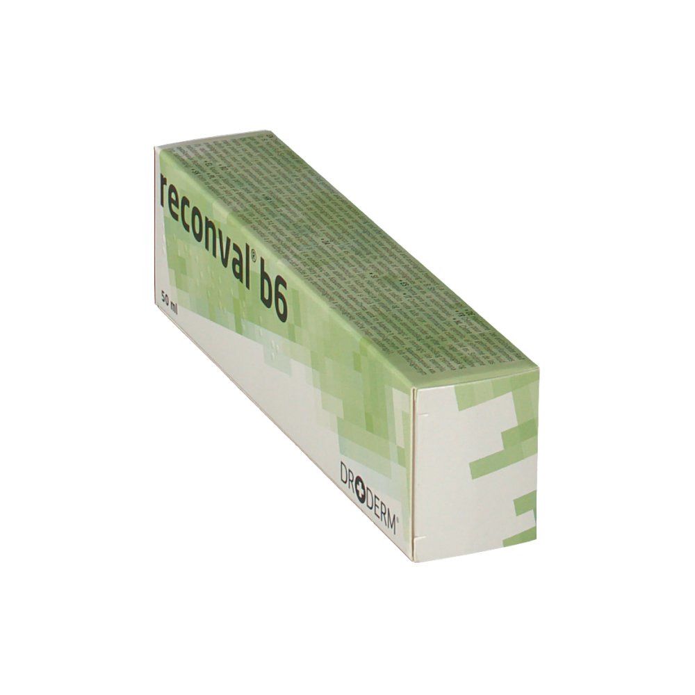Schuin geplaatste verpakking met productnaam reconval® b6. Groen-witte verpakking met Dr.Derm logo.