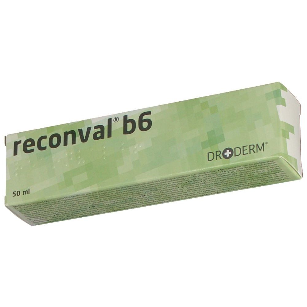 Verpakking met productnaam reconval® b6 en Dr.Derm logo. Groen-witte verpakking met 50 ml indicatie.