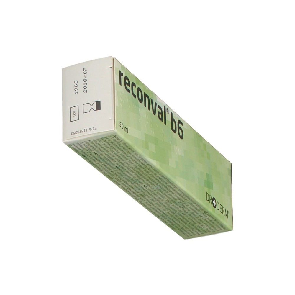 Schuin geplaatste verpakking met productnaam reconval® b6. Groen-witte verpakking met 50 ml indicatie en Dr.Derm logo.