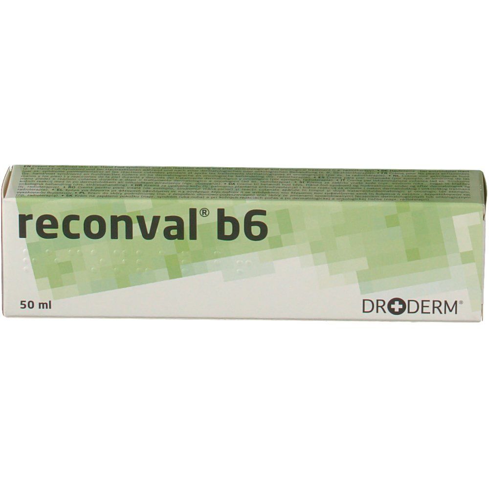 Verpakking met productnaam reconval® b6 en Dr.Derm logo. Groen-witte verpakking met 50 ml indicatie.