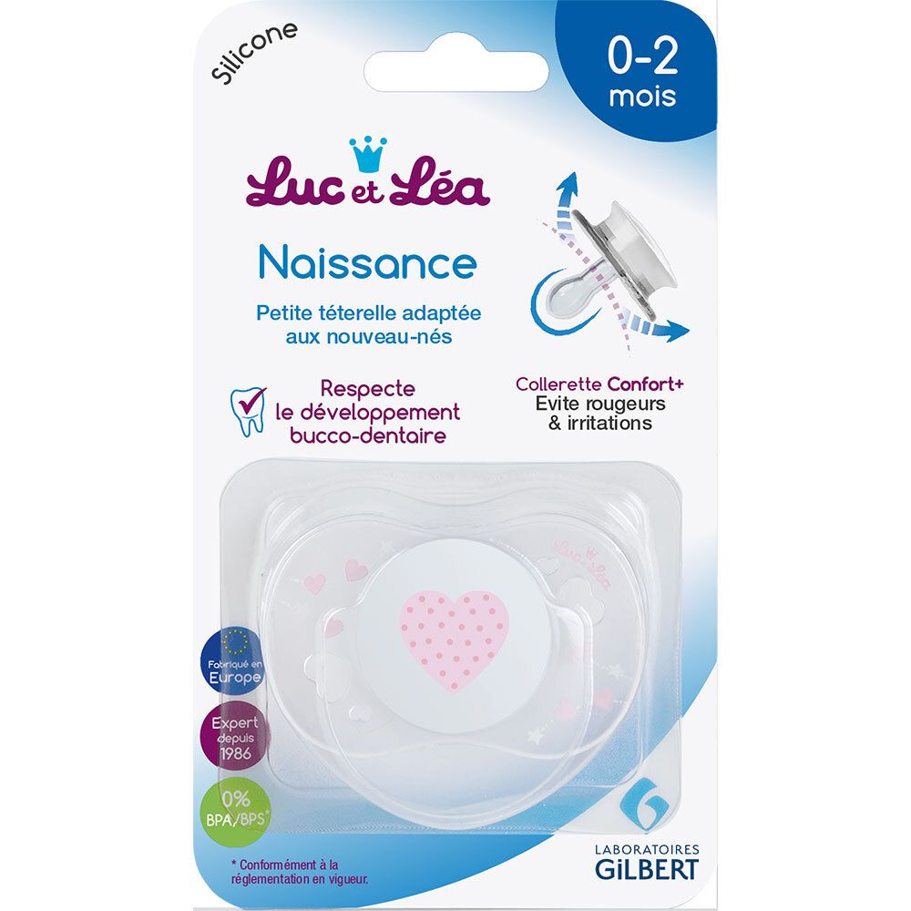 Verpakking fopspeen Luc et Léa. Roze hart. Voor pasgeborenen. 0-2 maanden. BPA/SPS-vrij.