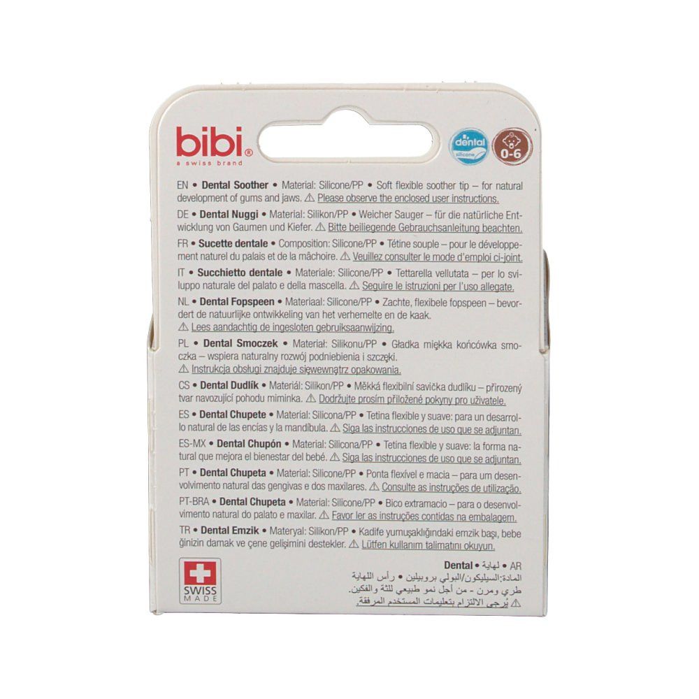 Dos de l'emballage avec informations produit en plusieurs langues. Marque: bibi. Fabriqué en Suisse.