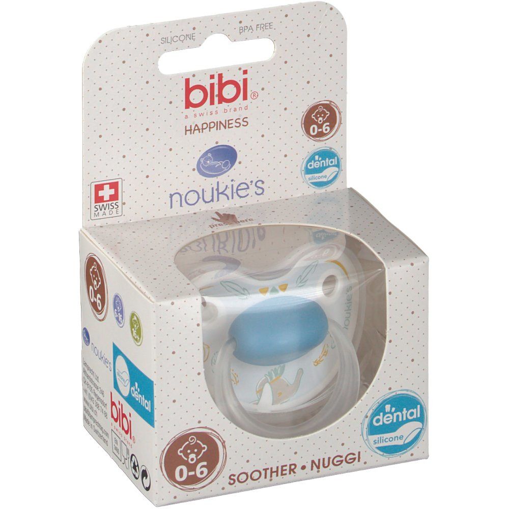 Sucette dans emballage. Tétine bleue, bouclier transparent avec motifs. Marque: bibi, 0-6 mois.