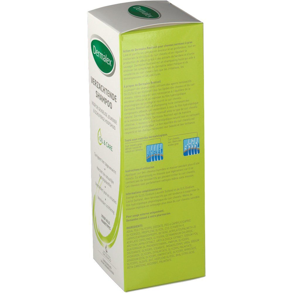 Dos de l'emballage Dermalex Shampooing Apaisant. Texte et illustrations sur fond blanc.