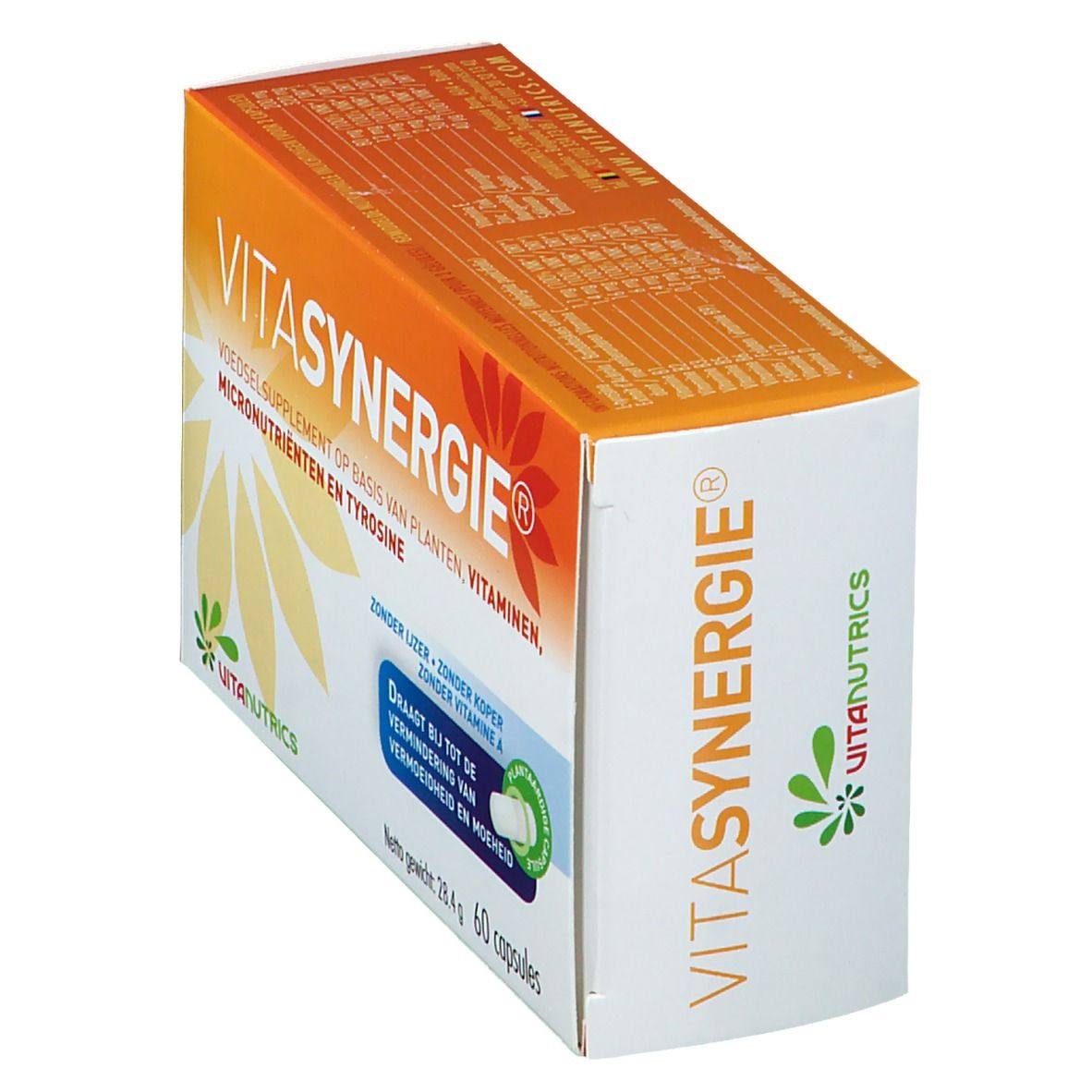 Boîte Vitanutrics VITASYNERGIE®, en biais. Orange et blanche, nom du produit et informations. 60 capsules, 28,4 g.
