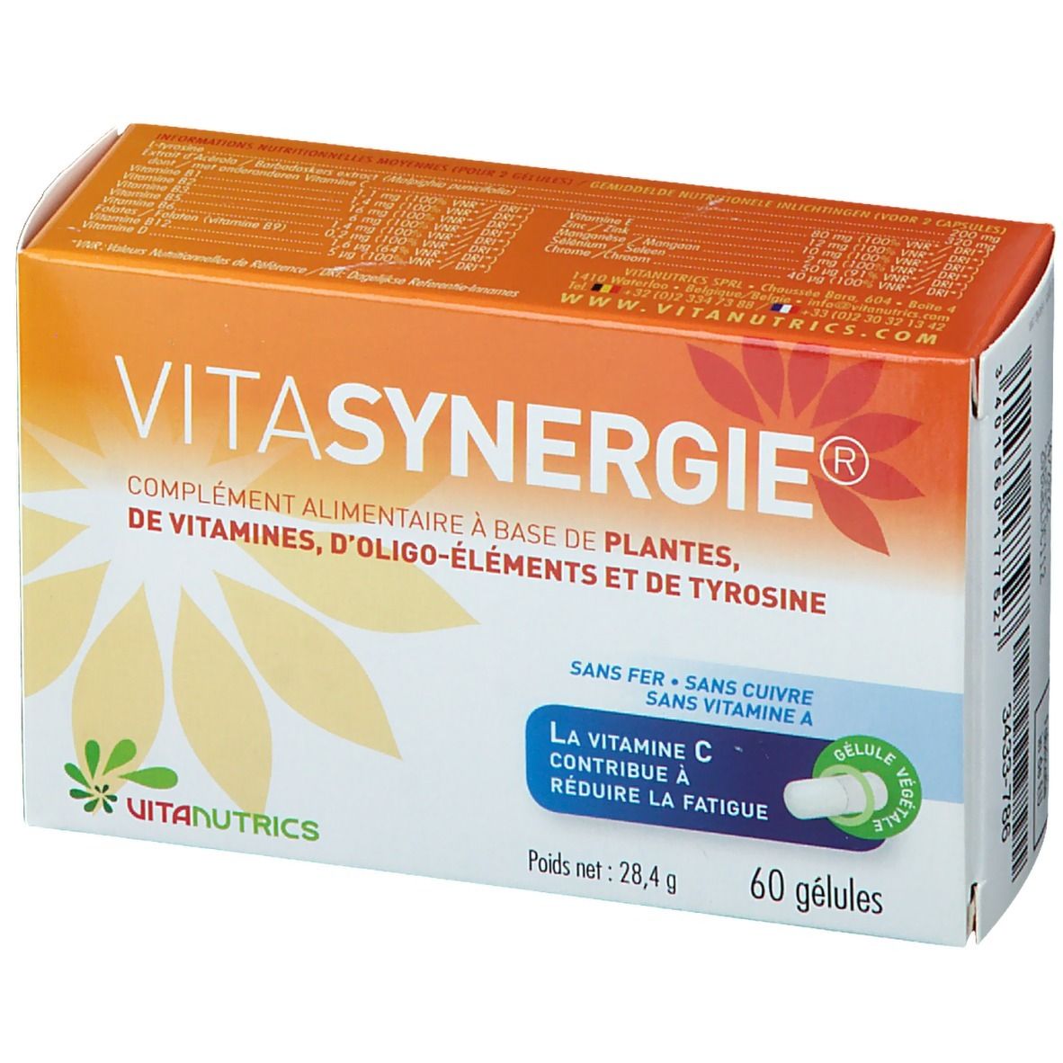 Boîte Vitanutrics VITASYNERGIE®. Orange et blanche, nom du produit et informations. 60 gélules, 28,4 g. Gélule végétale.