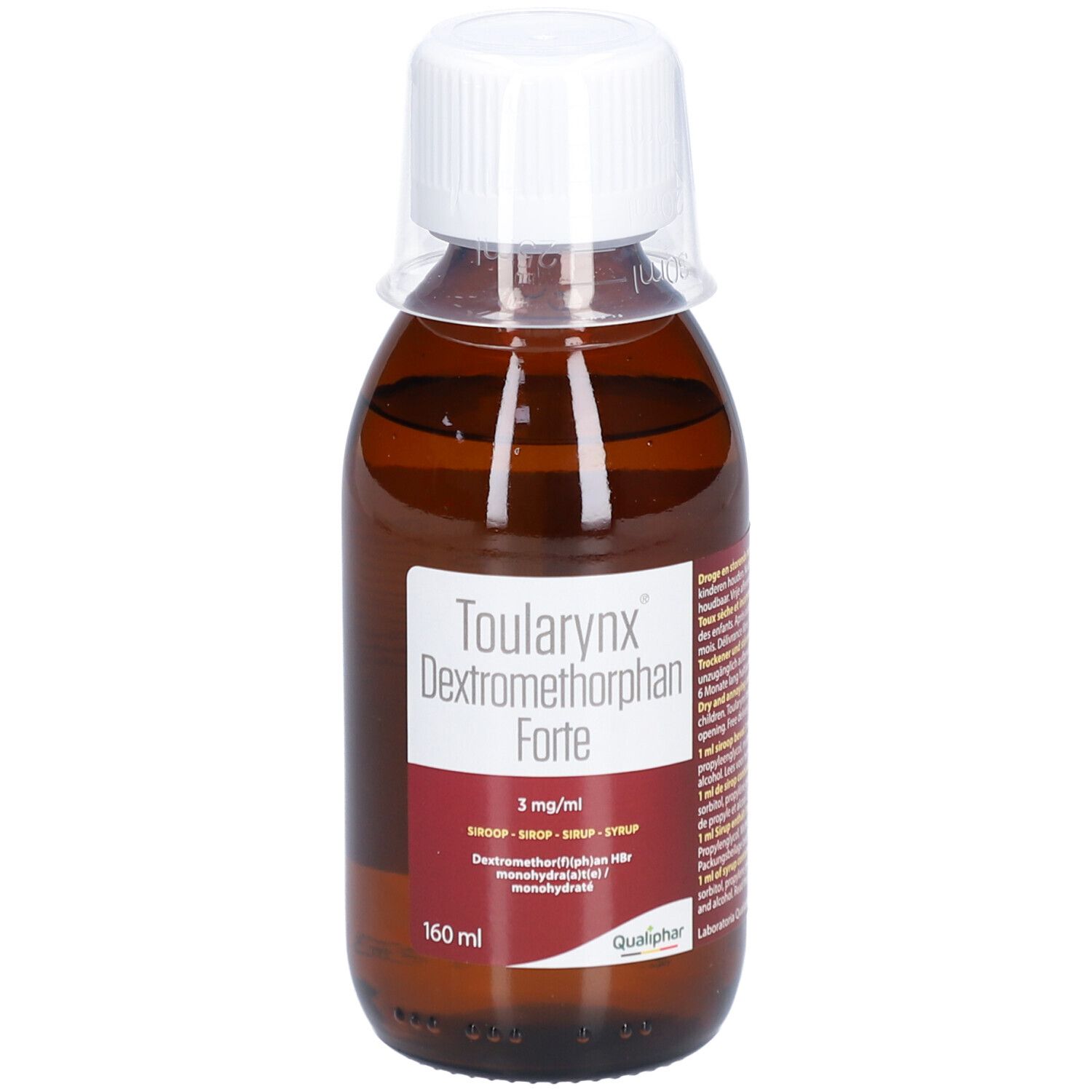 Bruine fles met witte dop. Opschrift: Toularynx Dextromethorphan Forte, 3 mg/ml, 160 ml.
