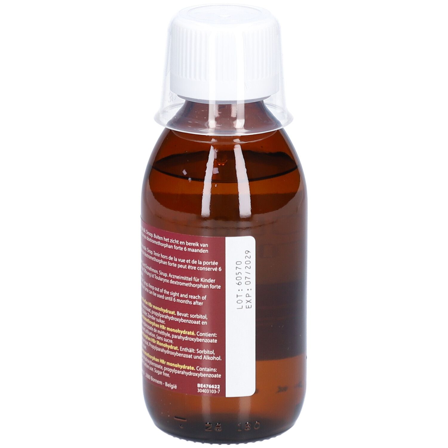 Bruine fles met witte dop. Etiket met tekst, o.a. houdbaarheid en ingrediënten.