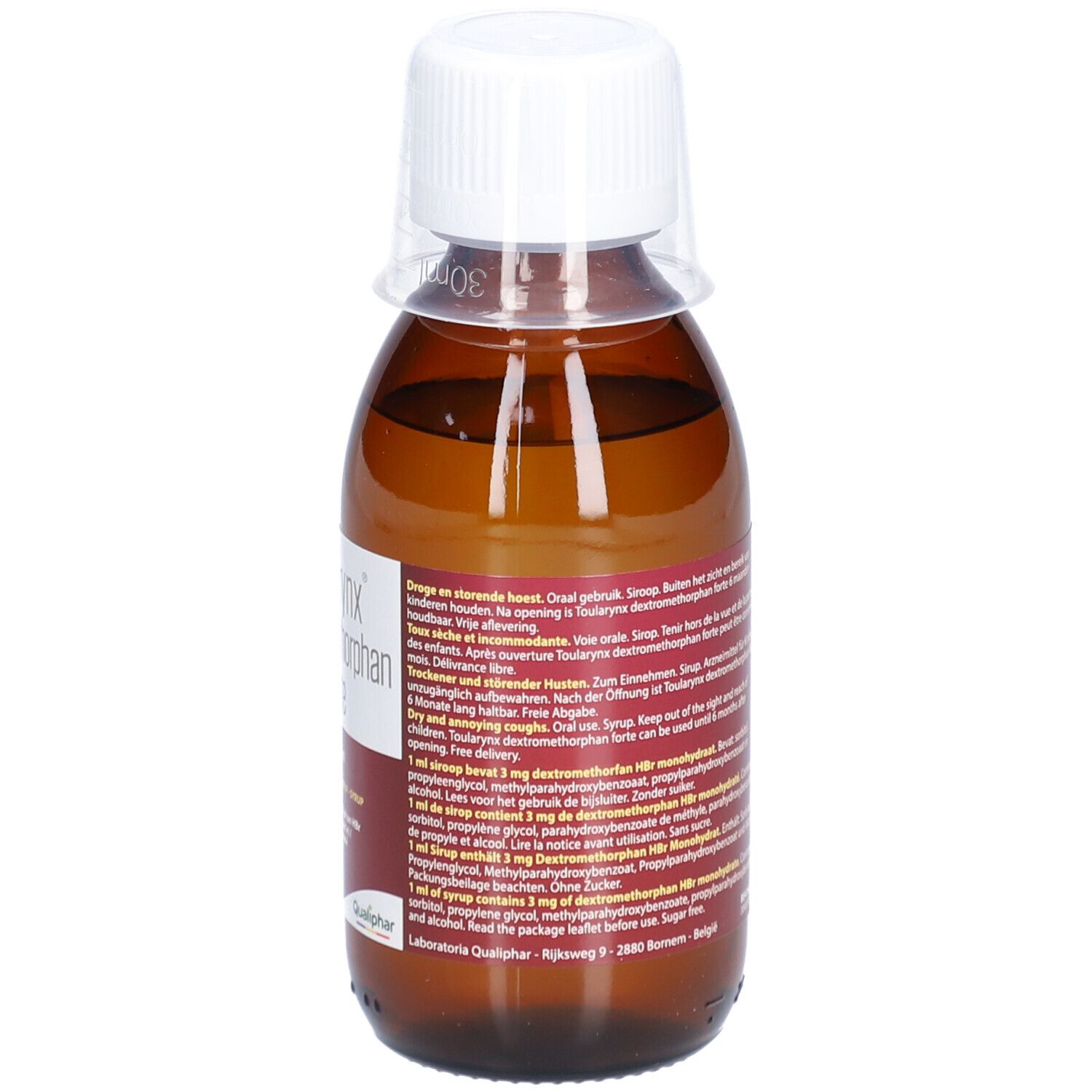 Bruine fles met witte dop. Etiket met tekst, o.a. dosering en gebruiksaanwijzing.