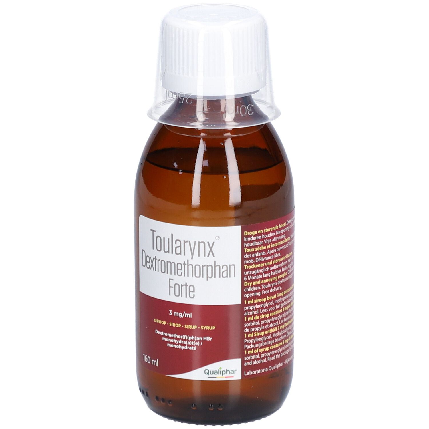 Bruine fles met witte dop. Opschrift: Toularynx Dextromethorphan Forte, 3 mg/ml, 160 ml.