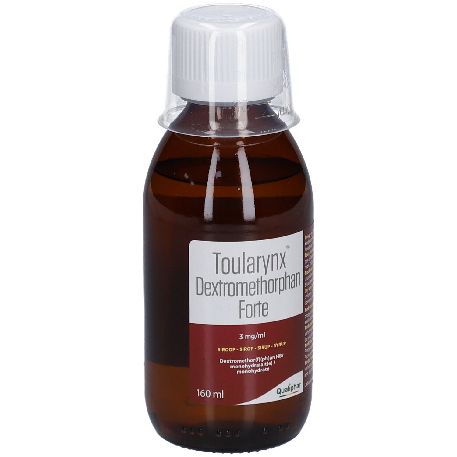 Bruine fles met witte dop. Opschrift: Toularynx Dextromethorphan Forte, 3 mg/ml, 160 ml.