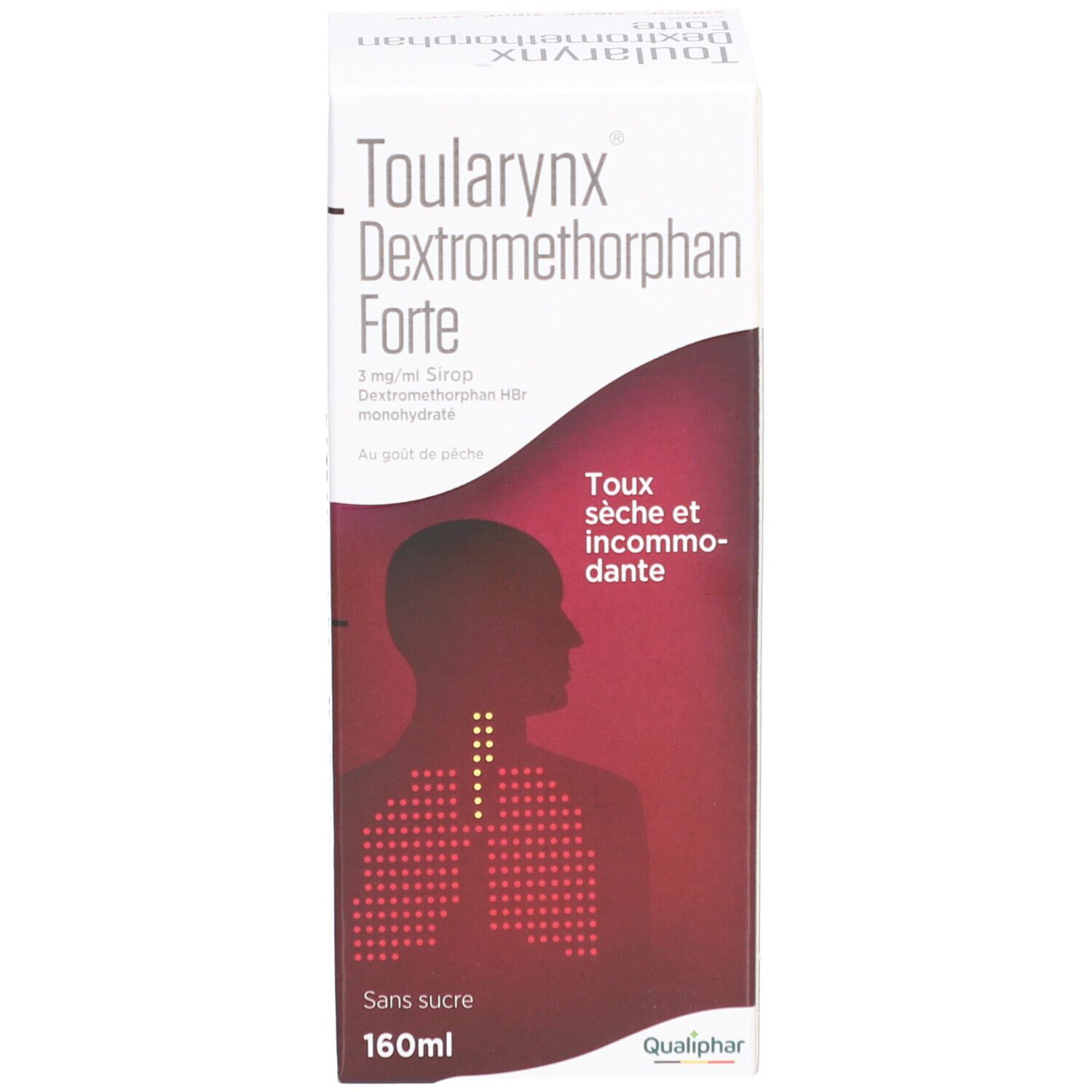 Productverpakking. Wit met rode streep, productnaam en logo. Afbeelding van een silhouet.