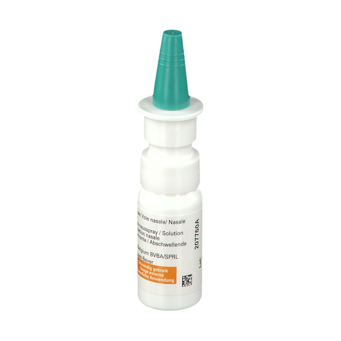 Witte neussprayfles met groene sproeikop. Opschrift: Nesivine, 10 ml. Afdruk met profiel. Oranje sticker.