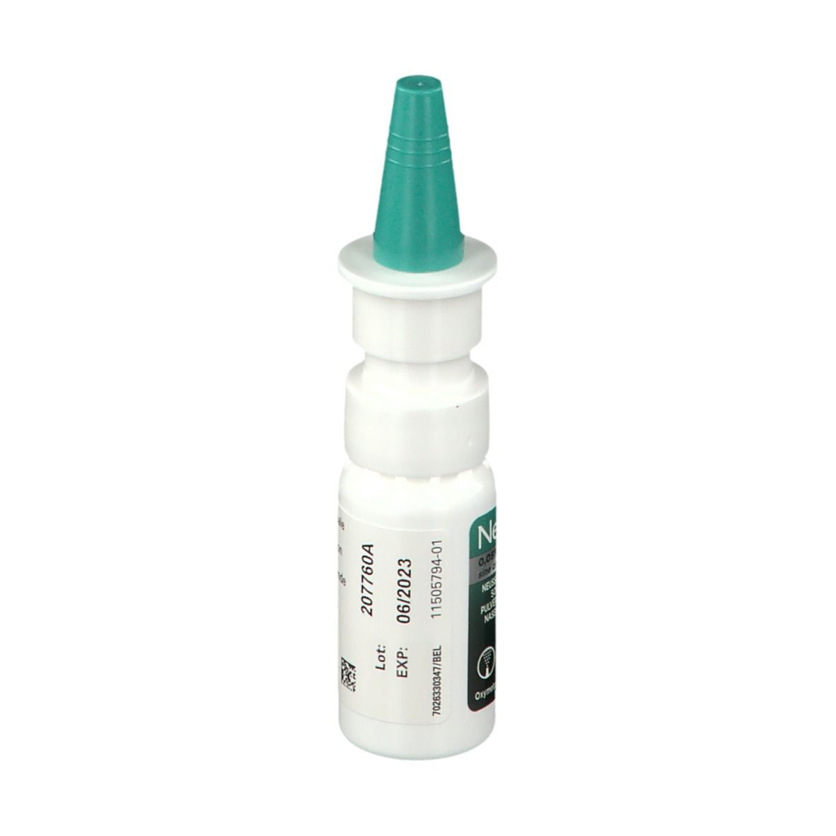Witte neussprayfles met groene sproeikop. Opschrift: Nesivine. Afdruk met profiel. Lotnummer en vervaldatum.