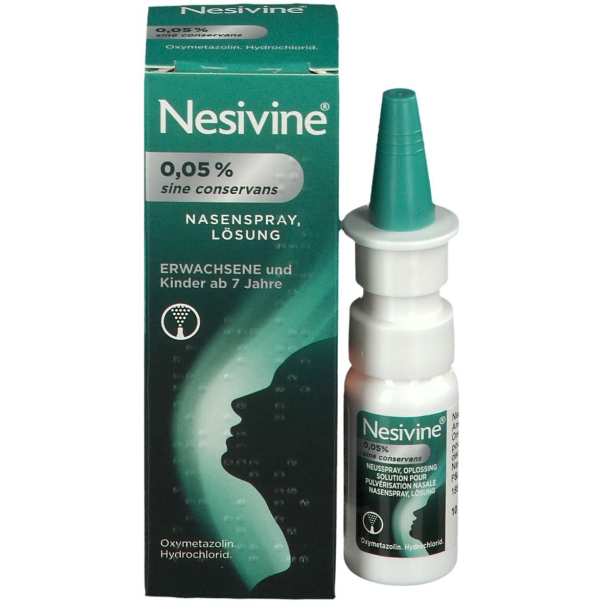 Productverpakking: doos met neusspray en fles. Opschrift: Nesivine 0,05%, neusspray. Profielillustratie.