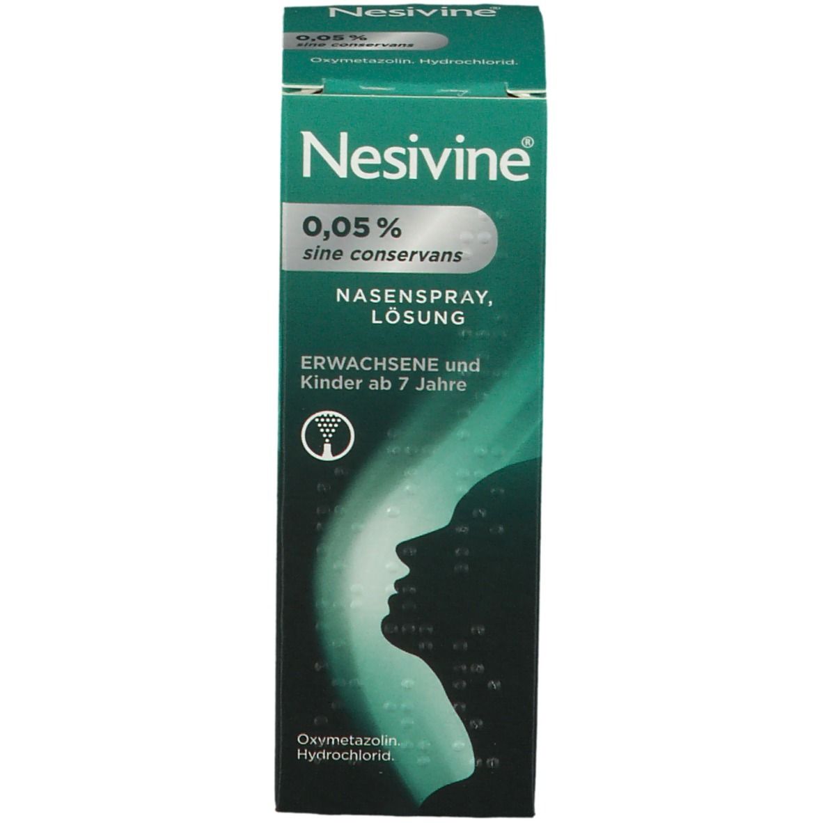 Productverpakking: doos met neusspray. Opschrift: Nesivine 0,05%, neusspray. Profielillustratie.