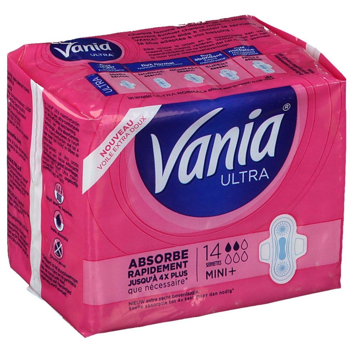 Roze verpakking van Vania Ultra Mini+ maandverband. Tekst: Absorbeert snel, tot 4x meer dan nodig. 14 stuks.
