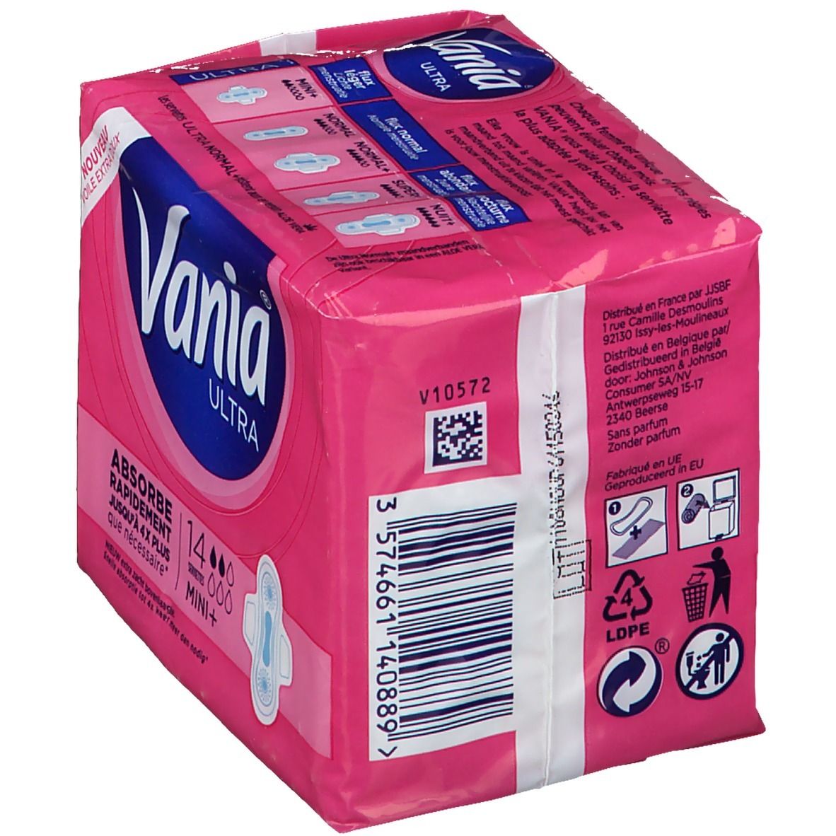 Roze verpakking van Vania Ultra Mini+ maandverband. Barcode en tekst. Achterkant met informatie.