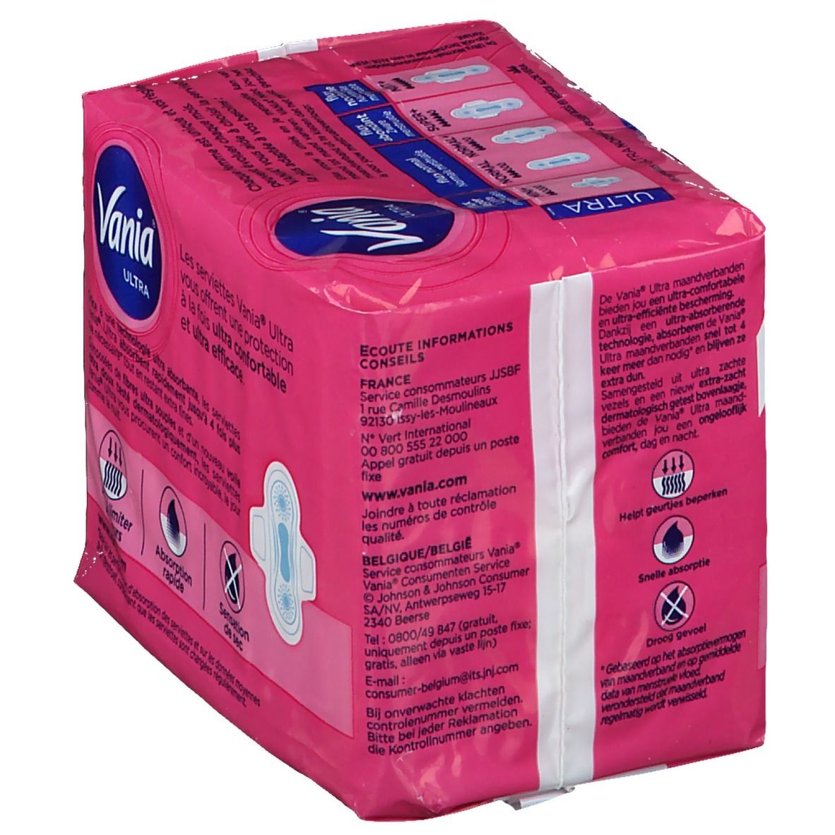Roze verpakking van Vania Ultra Mini+ maandverband. Tekst: Vania Ultra, ultra absorberend. Informatie en symbolen.