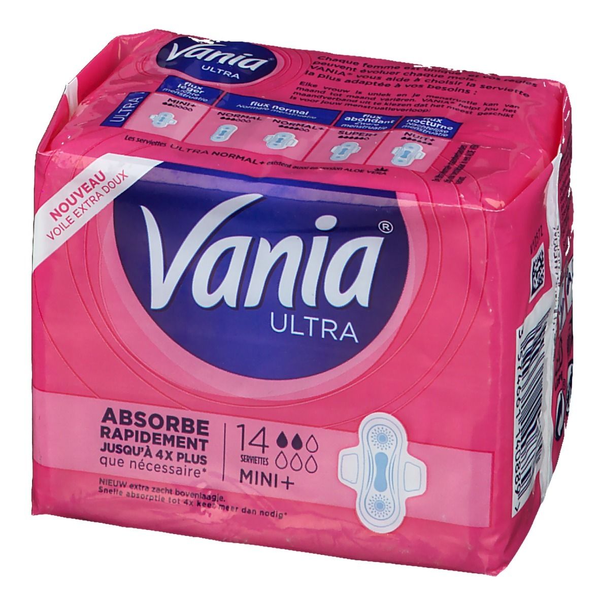 Roze verpakking van Vania Ultra Mini+ maandverband. Tekst: Absorbeert snel, tot 4x meer dan nodig. 14 stuks.