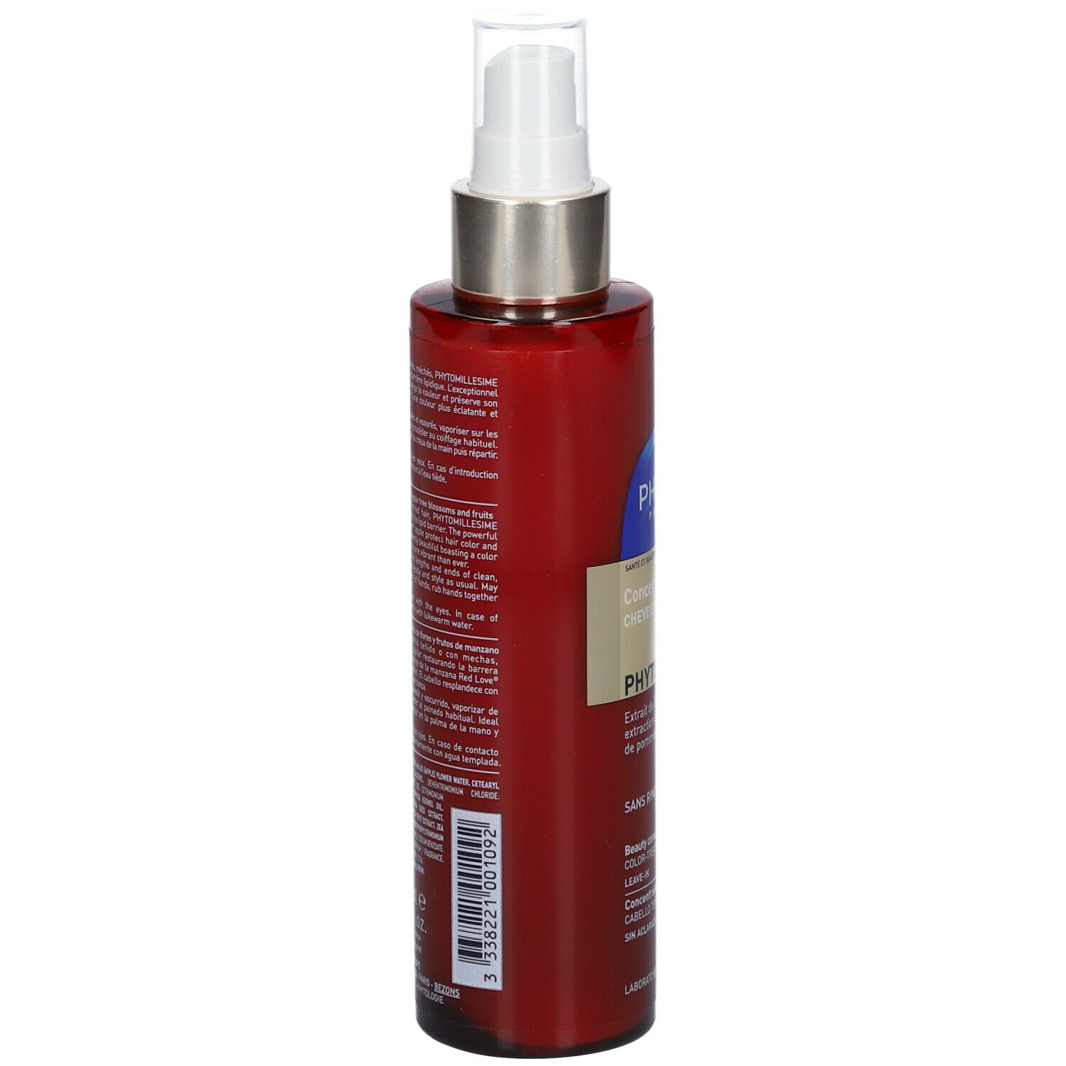 Flacon rouge avec vaporisateur blanc. Texte au dos en plusieurs langues. Nom du produit et informations du fabricant.